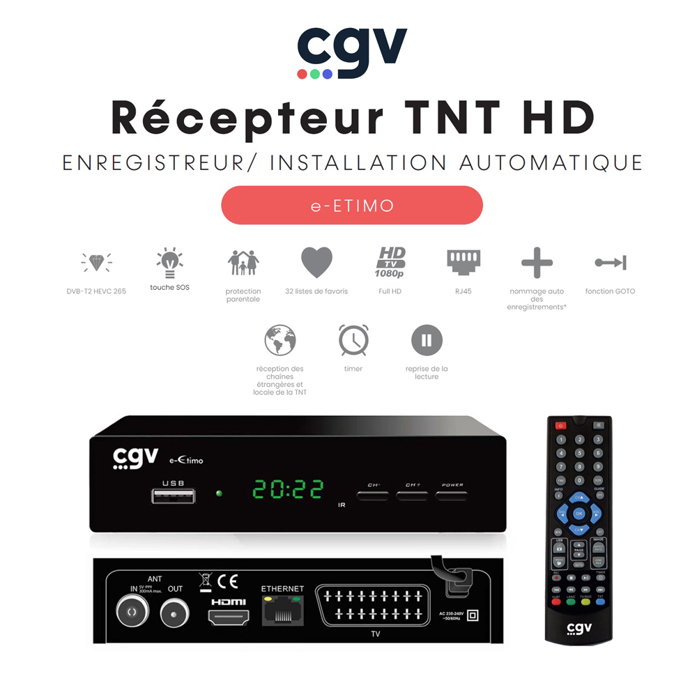 Rcepteur Enregistreur TNT Full HD (RJ45) e-ETIMO - Contrle du direct TimeShift, Timer, Fonction GO TO, renommage des fichiers